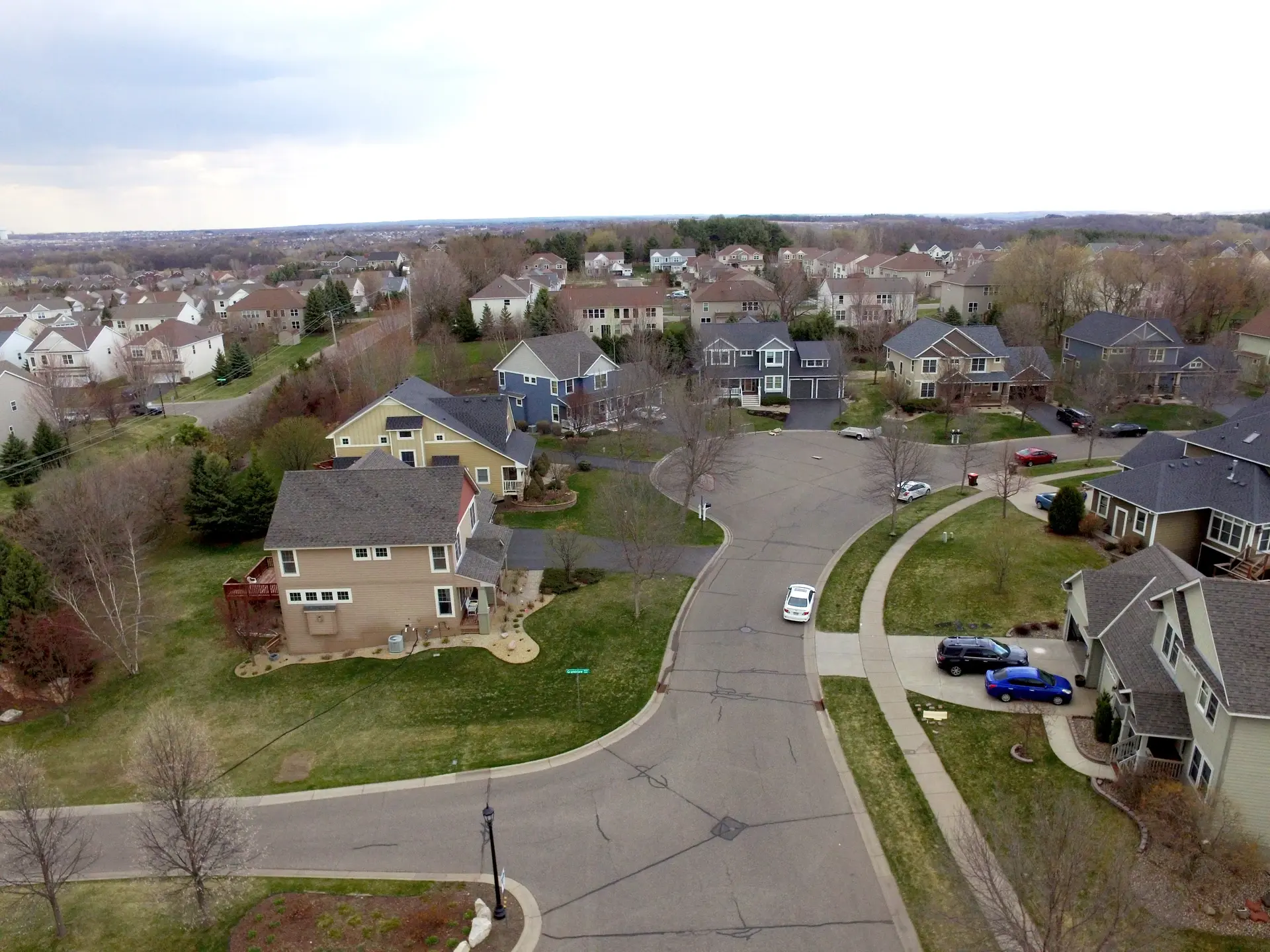 Aerial view of a residential neighborhood around a cul-de-sac