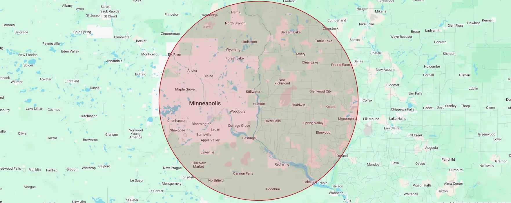 Map of the Revive Roofing & Restoration service area, a circle centred on Hudson, WI covering the east Twin Cities metro and western Wisconsin