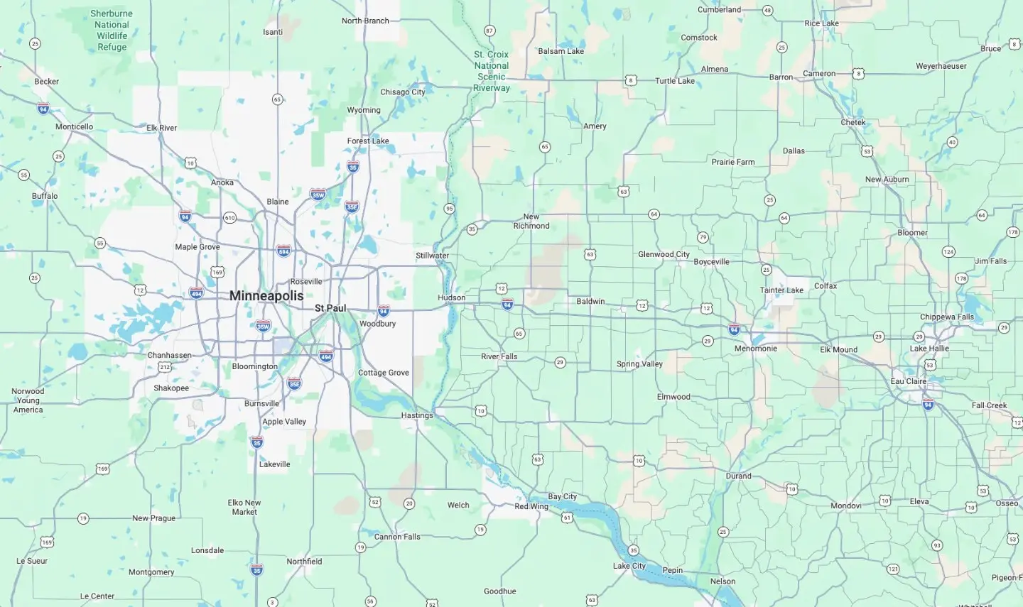 Map of the Twin Cities and western Wisconsin service area